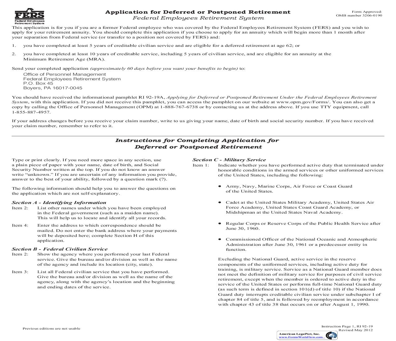 Application For Deferred Or Postponed Retirement-Federal Employees Retirement System (FERS) {RI 92-19} | Pdf Fpdf Doc Docx | Official Federal Forms