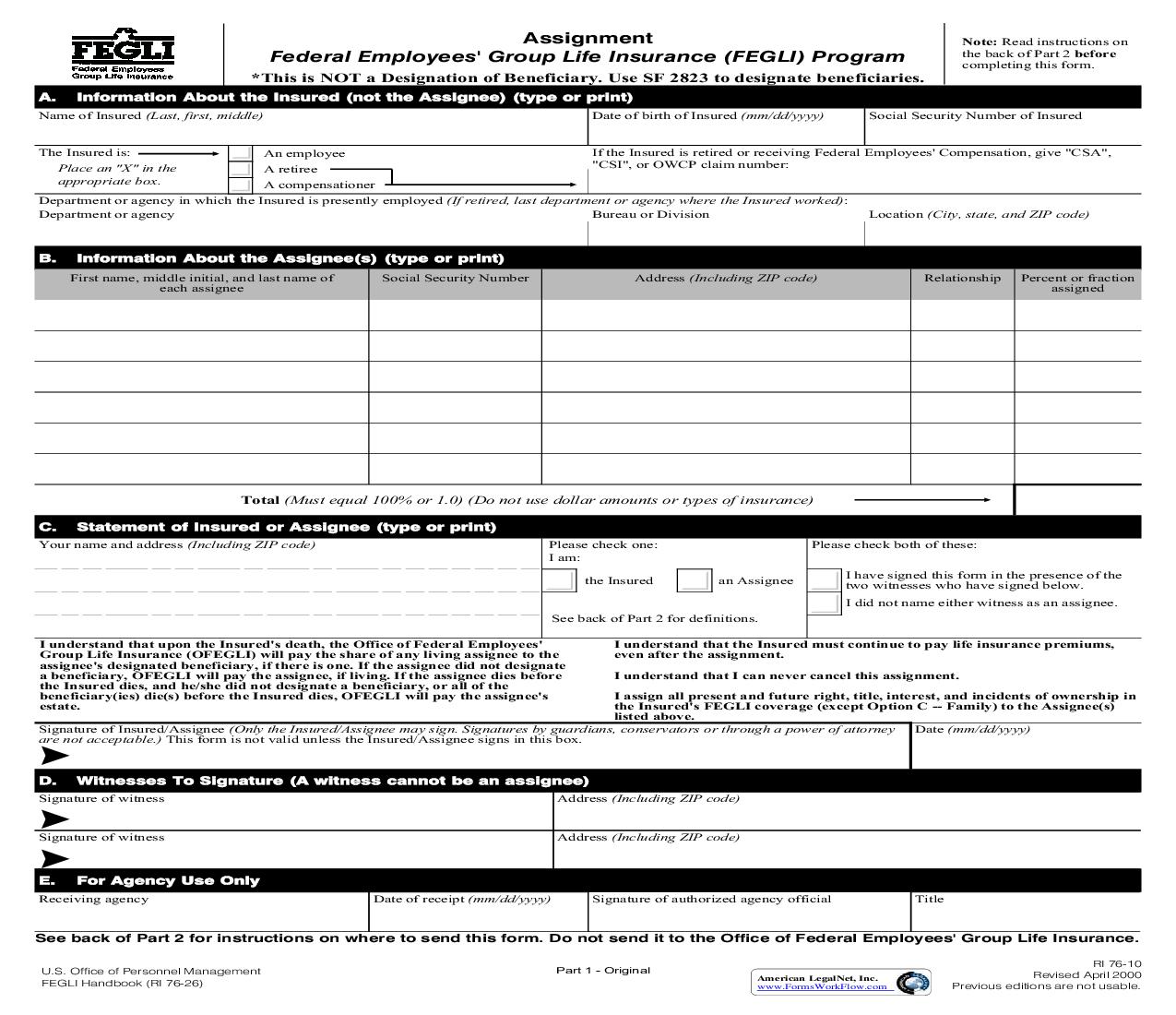Assignment Of Federal Employees Group Life Insurance {RI 76-10} | Pdf Fpdf Doc Docx | Official Federal Forms