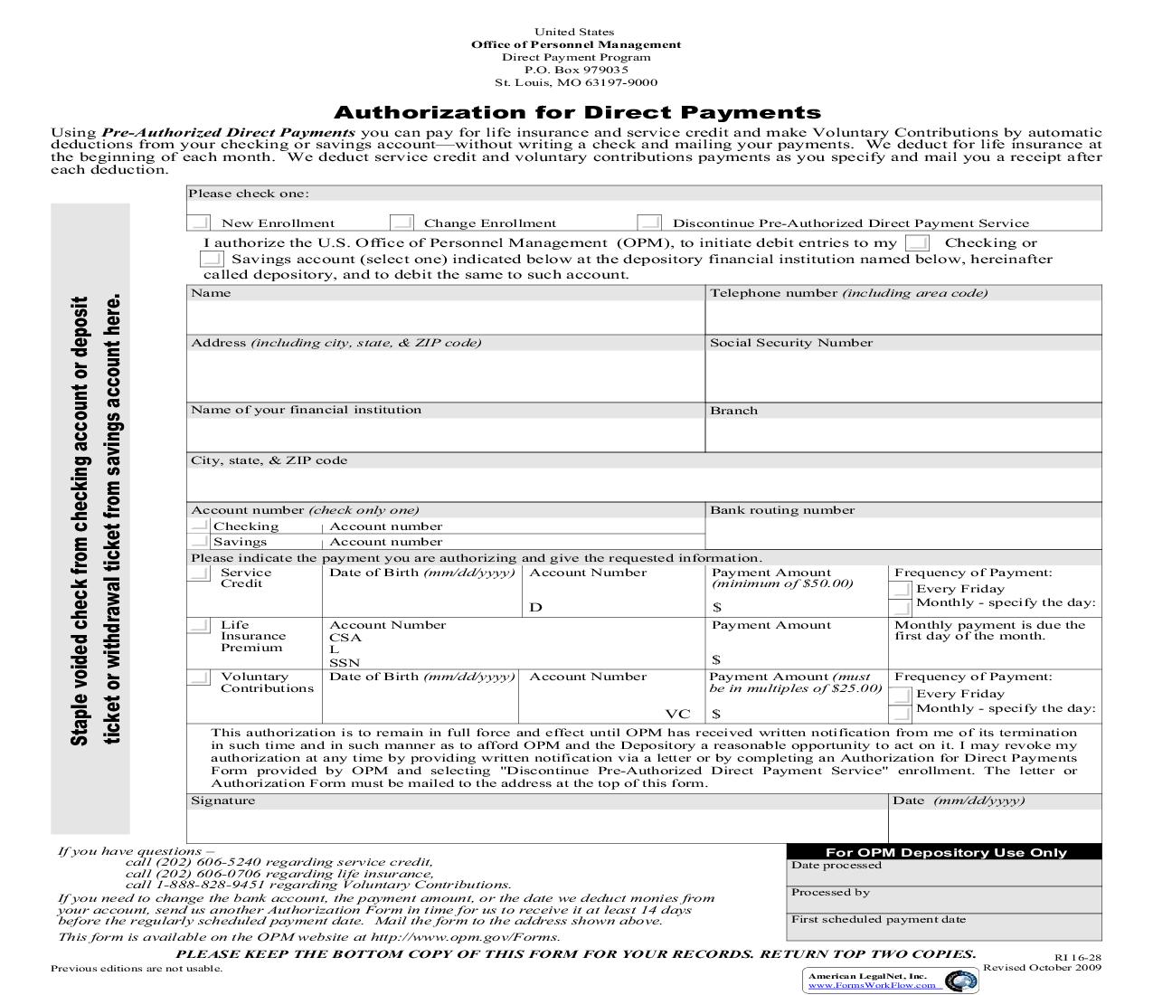 Authorization For Direct Payments {RI 16-28} | Pdf Fpdf Doc Docx | Official Federal Forms