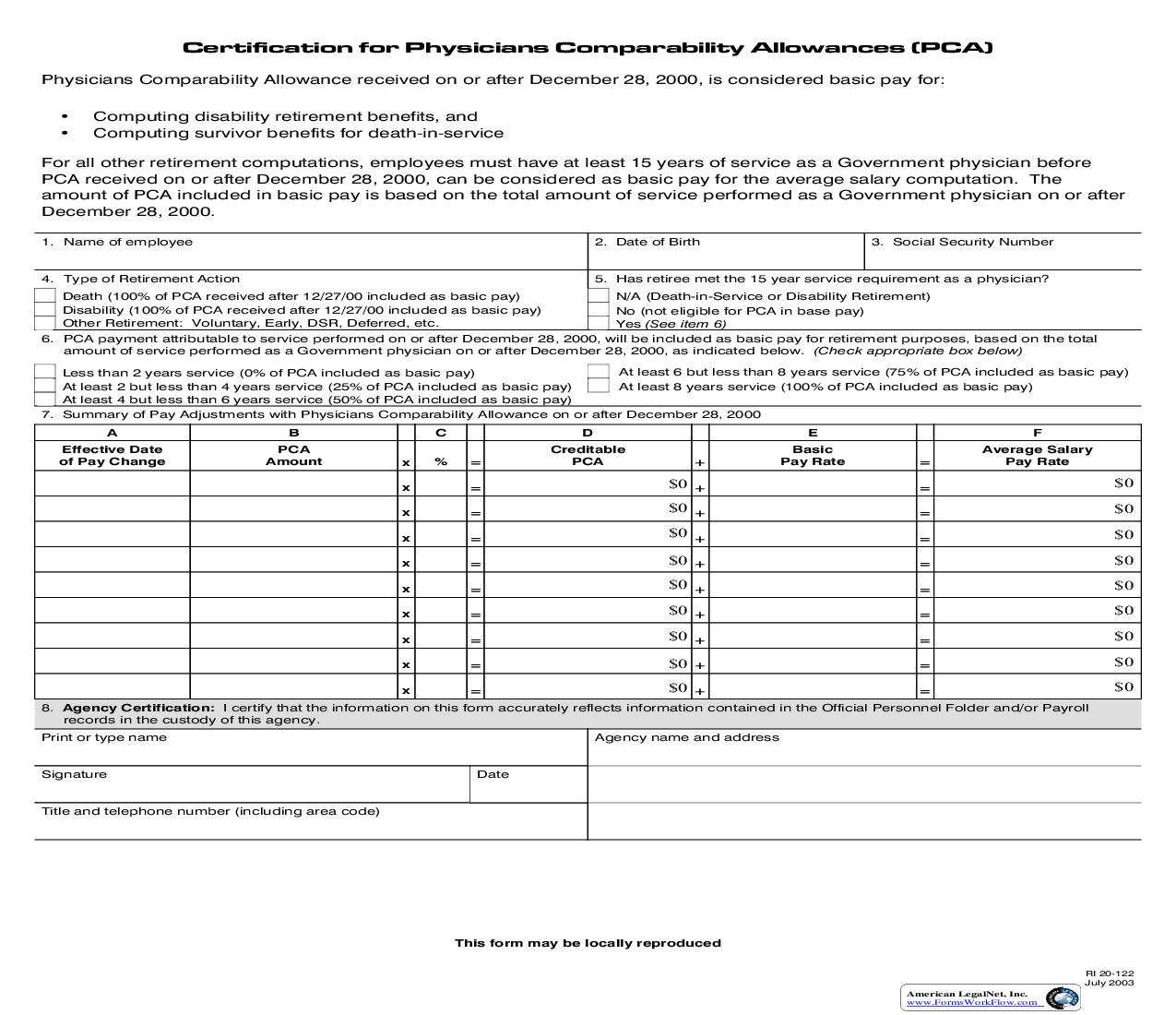 Certification For Physicians Comparability Allowances (PCA) {RI 20-122} | Pdf Fpdf Doc Docx | Official Federal Forms