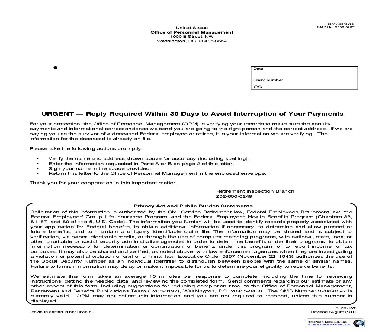 Urgent Reply Required Within 30 Days To Avoid Interruption Of Your Payments {RI 38-107} | Pdf Fpdf Doc Docx | Official Federal Forms