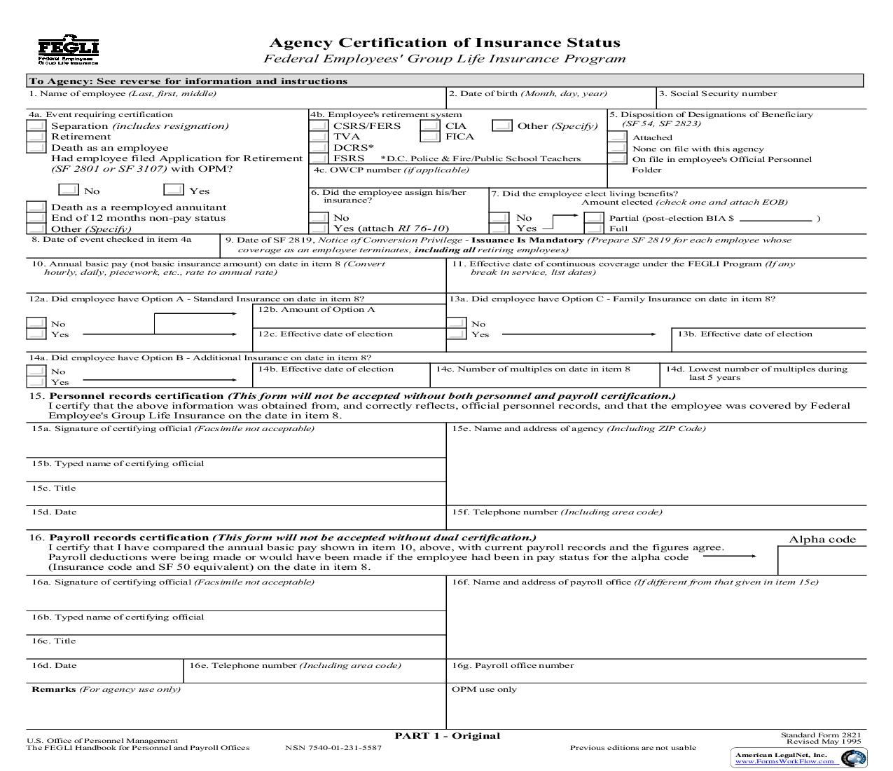 Agency Certification Of Insurance Status {SF 2821} | Pdf Fpdf Doc Docx | Official Federal Forms