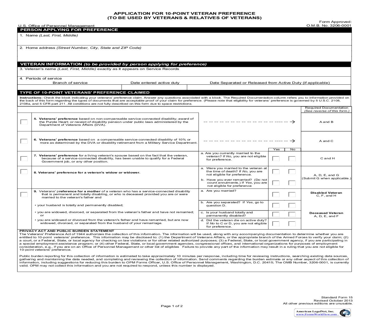 Application For 10-Point Veterans Preference {SF 15} | Pdf Fpdf Doc Docx | Official Federal Forms