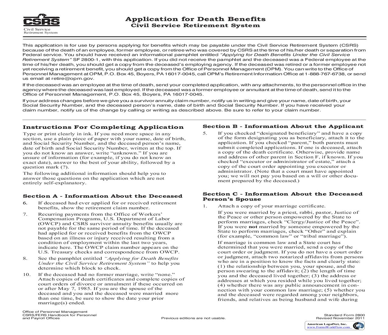 Application For Death Benefits (Civil Service Retirement System) {SF-2800} | Pdf Fpdf Doc Docx | Official Federal Forms