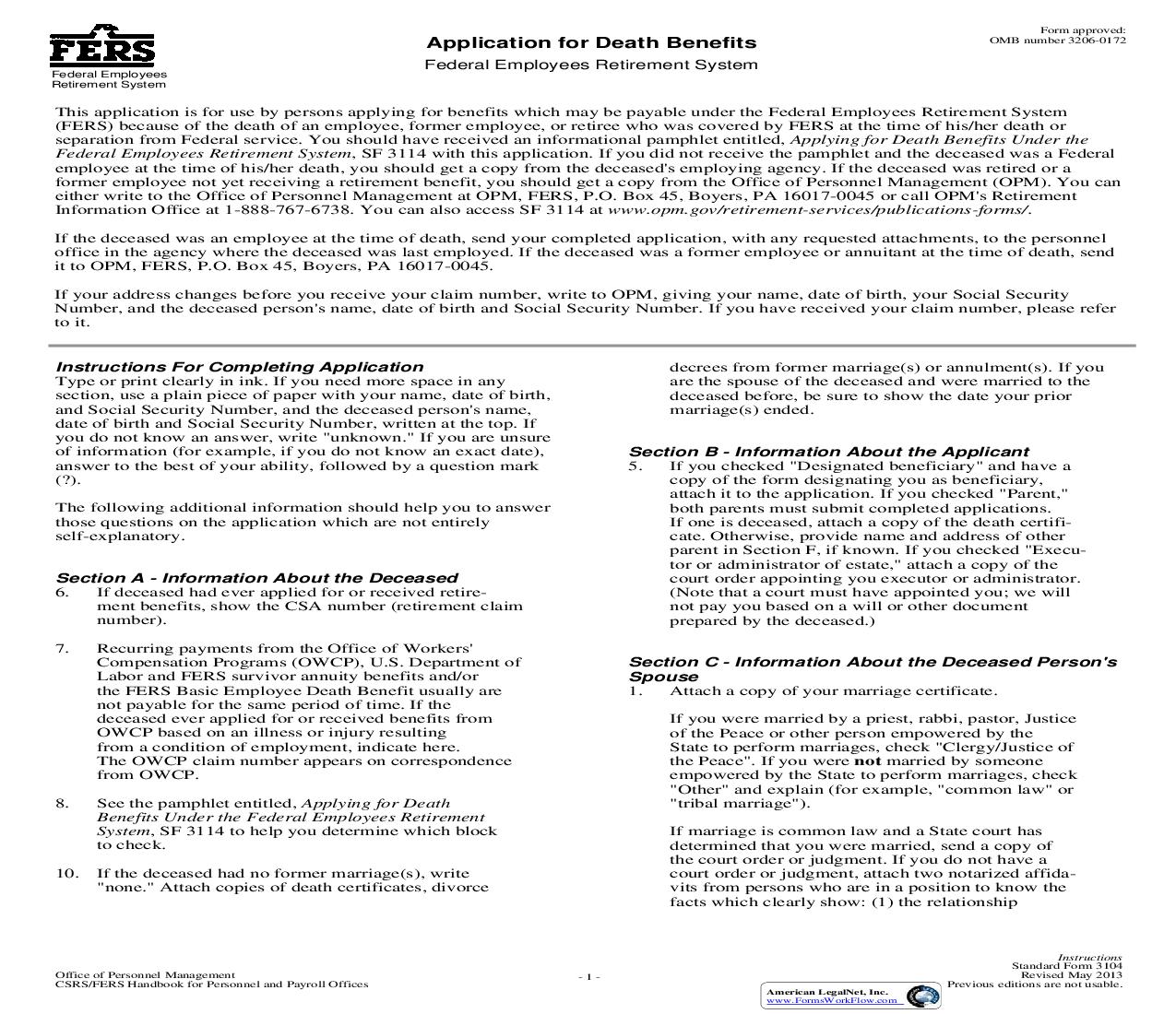 Application For Death Benefits (FERS) {SF 3104} | Pdf Fpdf Doc Docx | Official Federal Forms