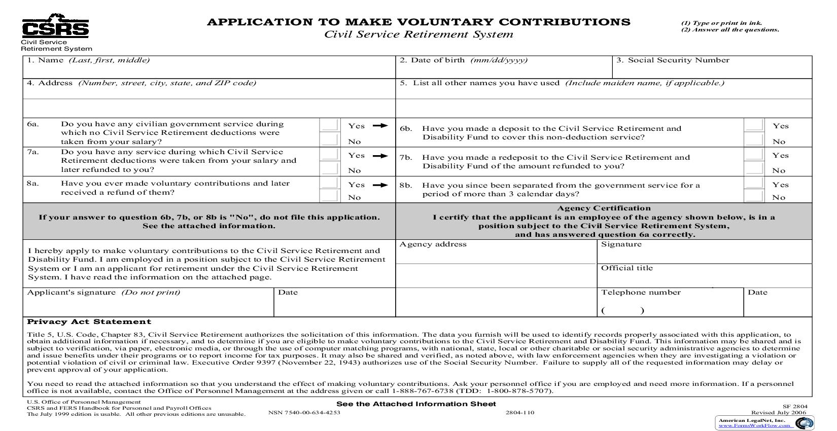 Application To Make Voluntary Contributions {SF 2804} | Pdf Fpdf Doc Docx | Official Federal Forms