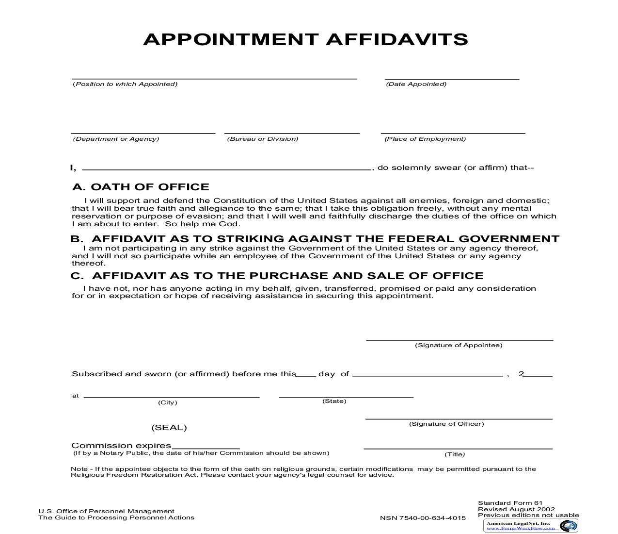 Appointment Affidavits {SF 61} | Pdf Fpdf Doc Docx | Official Federal Forms
