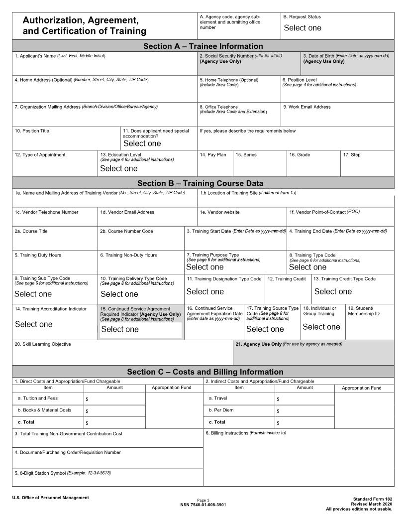 Authorization Agreement And Certification Of Training {SF 182} | Pdf Fpdf Doc Docx | Official Federal Forms