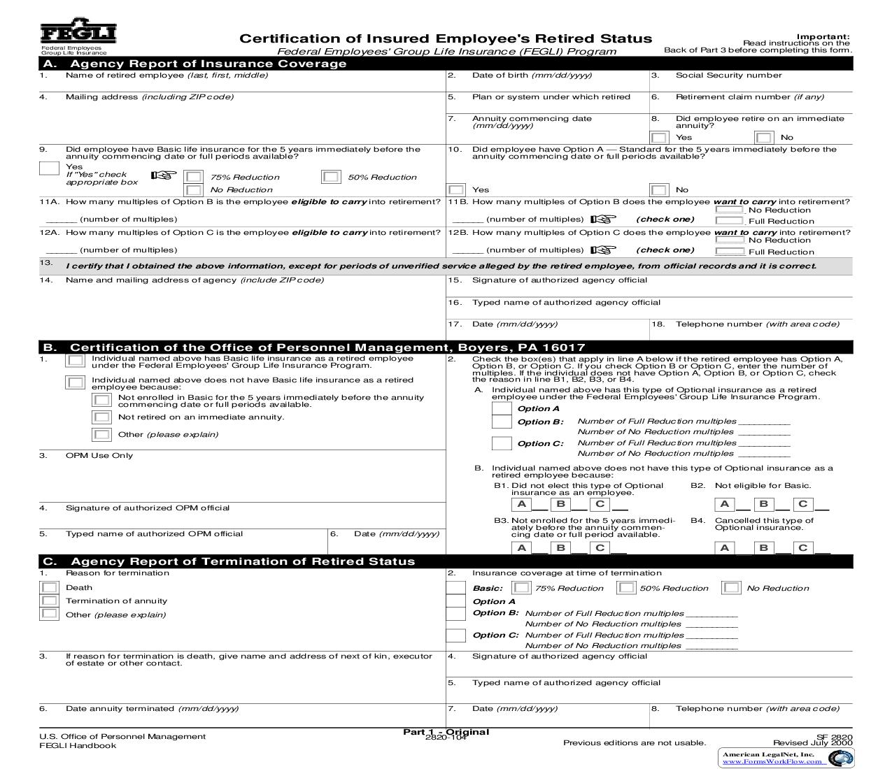 Certification Of Insured Employees Retired Status {SF 2820} | Pdf Fpdf Doc Docx | Official Federal Forms