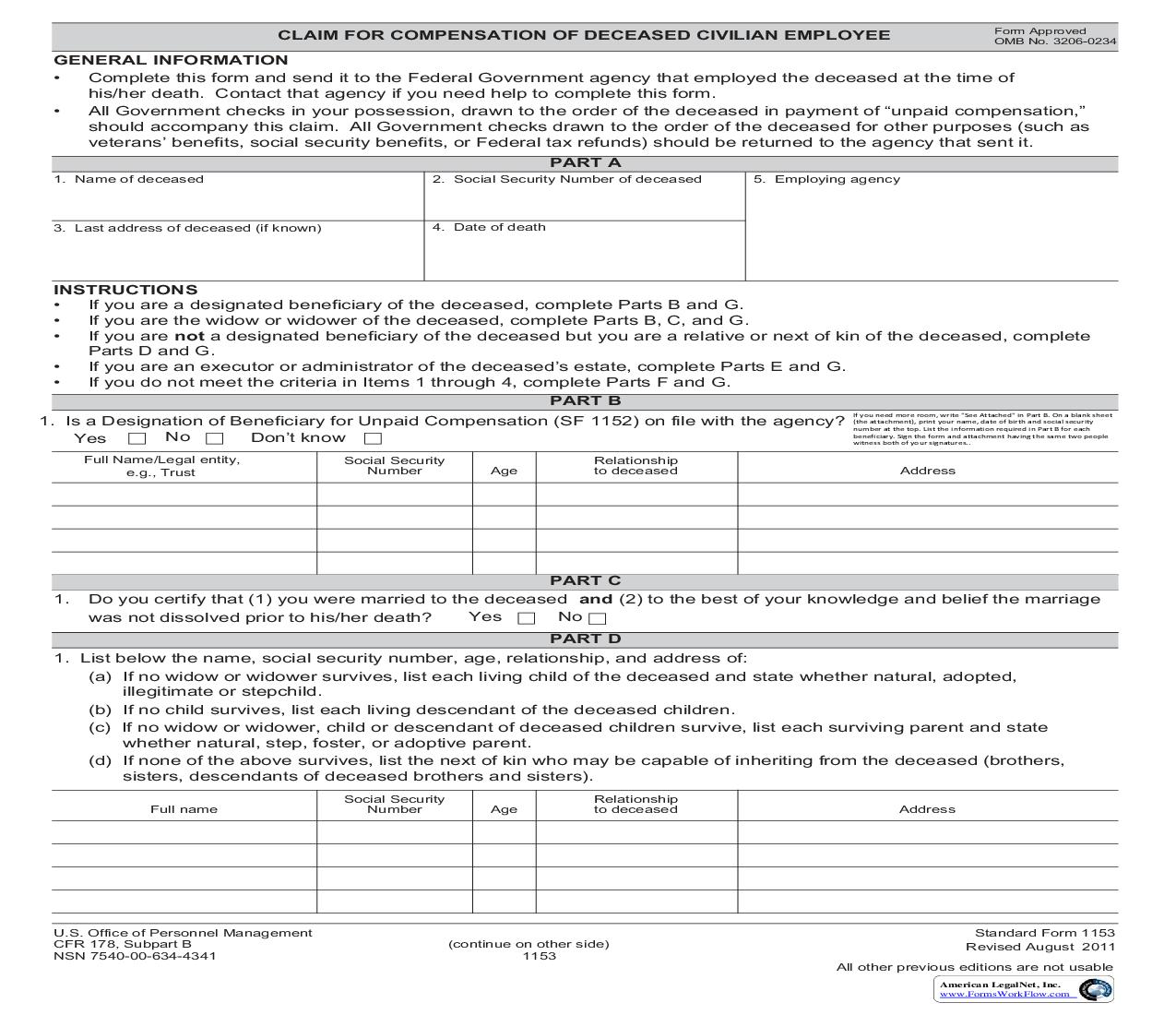 Claim For Unpaid Compensation Of Deceased Civilian Employee {SF 1153} | Pdf Fpdf Doc Docx | Official Federal Forms