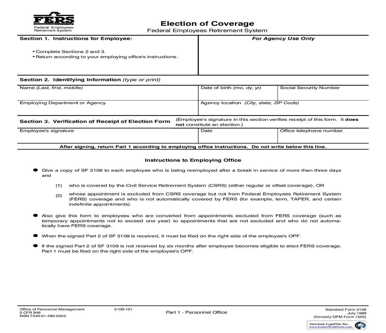 Election Of Coverage (Federal Employees Retirement System) {SF-3109} | Pdf Fpdf Doc Docx | Official Federal Forms