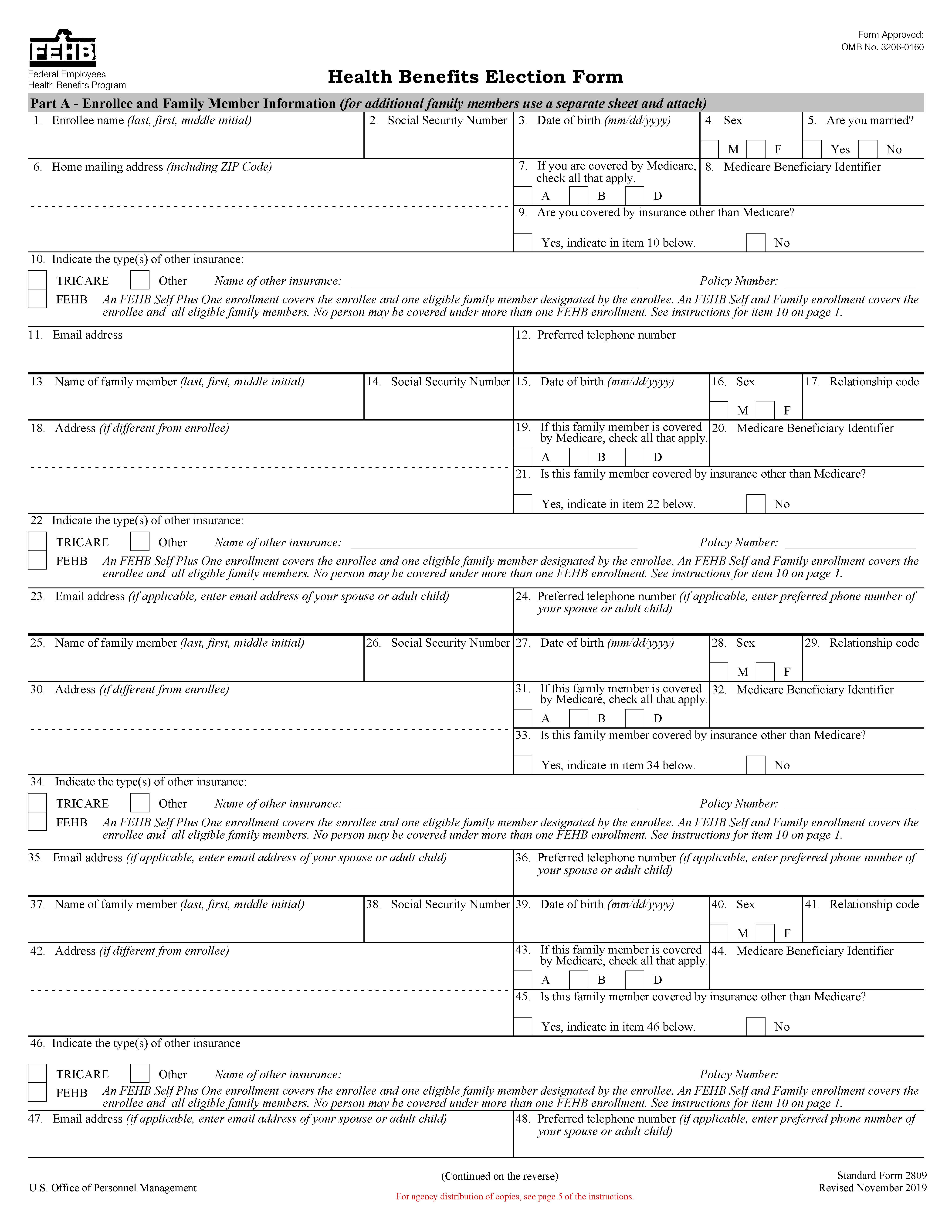 Employee Health Benefits Registration Form {SF 2809} | Pdf Fpdf Docx | Official Federal Forms