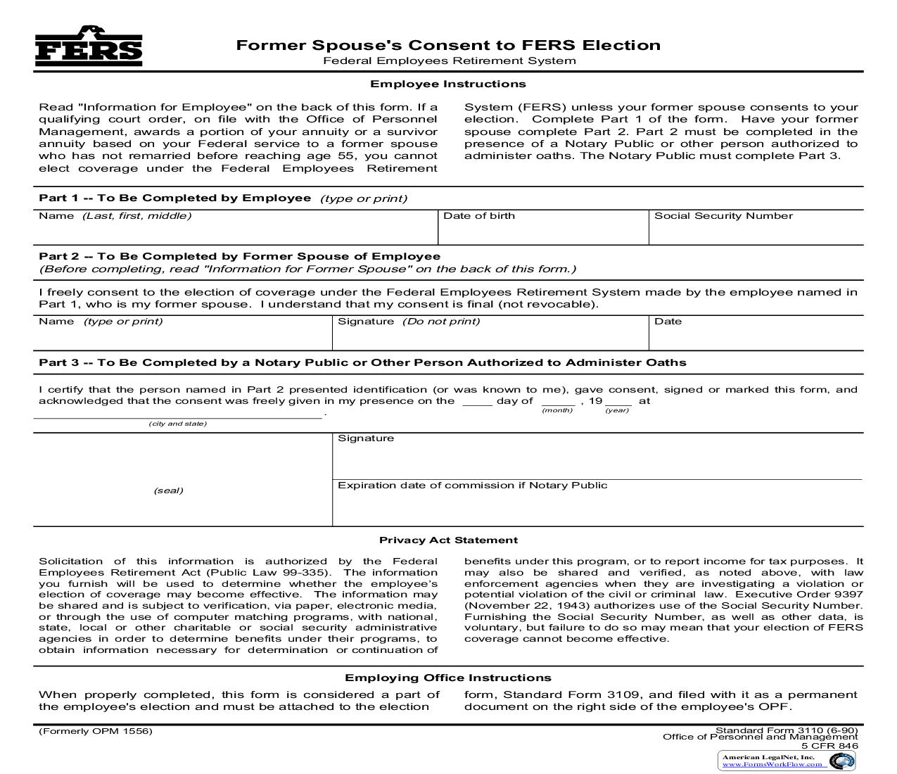 Former Spouses Consent To FERS Election {SF 3110} | Pdf Fpdf Doc Docx | Official Federal Forms