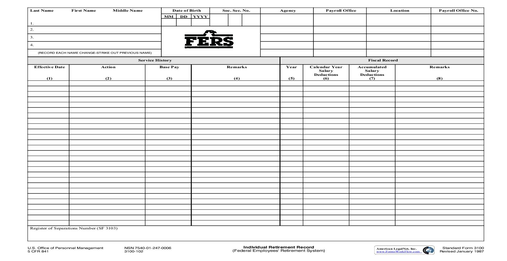 Individual Retirement Record (FERS) {SF 3100} | Pdf Fpdf Doc Docx | Official Federal Forms
