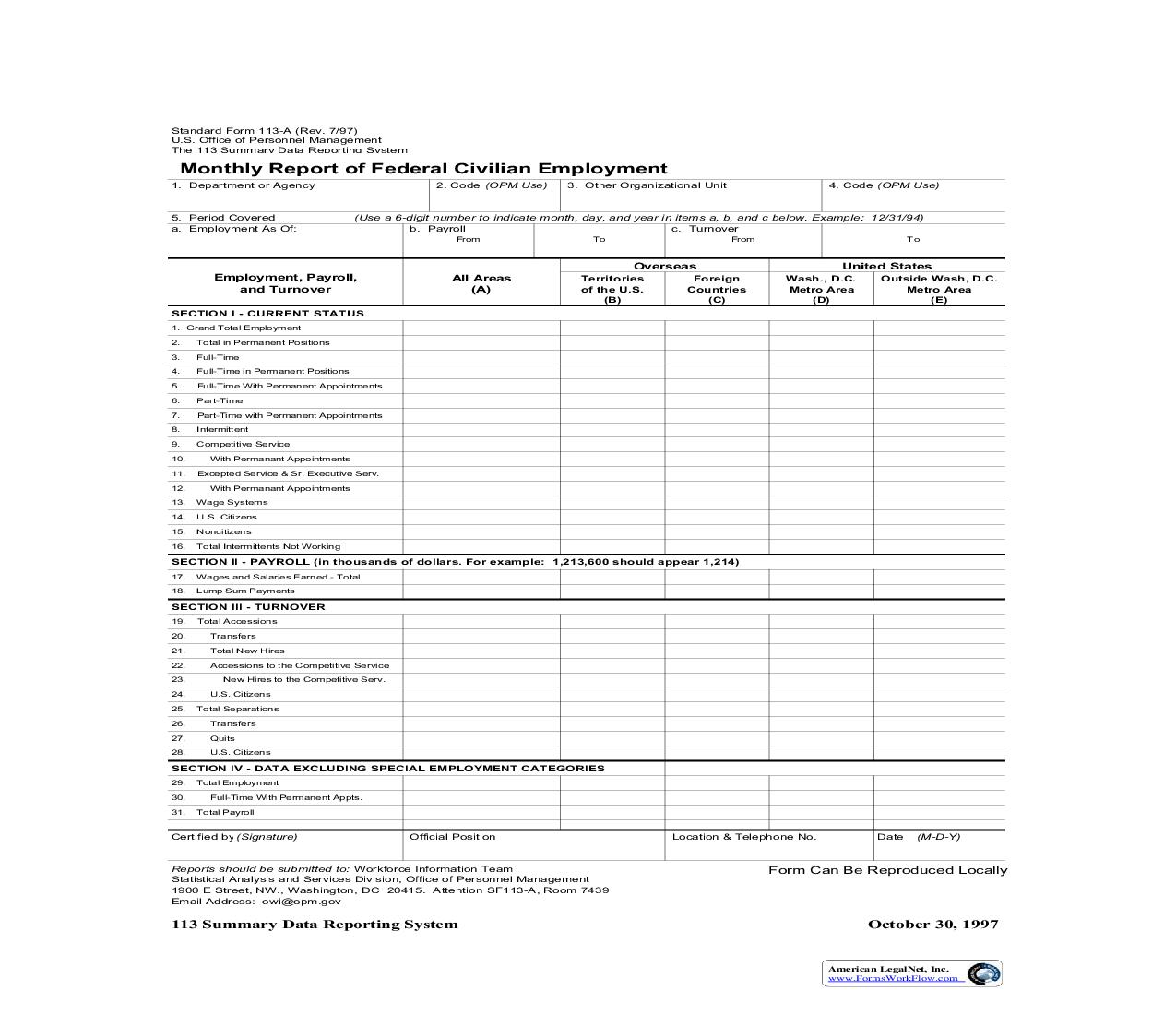 Monthly Report Of Federal Civilian Employment {SF-113A} | Pdf Fpdf Doc Docx | Official Federal Forms