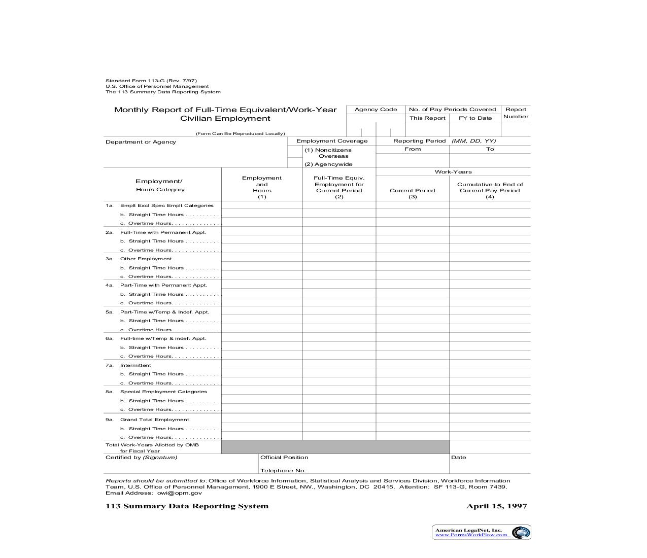 Monthly Report Of Full-Time Equivalent Work-Year Civilian Employment {SF-113G} | Pdf Fpdf Doc Docx | Official Federal Forms
