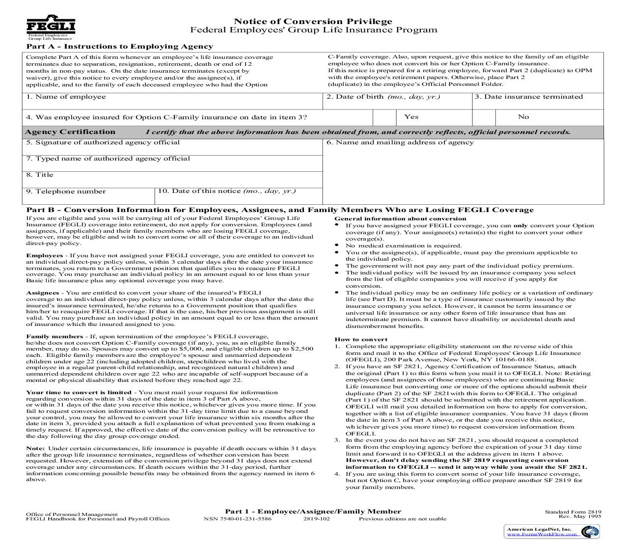 Notice Of Conversion Privilege Federal Employees Group Life Insurance Program {SF 2819} | Pdf Fpdf Doc Docx | Official Federal Forms