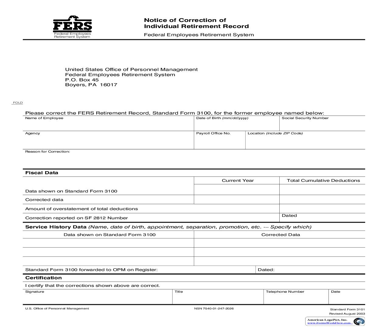 Notice Of Correction Of Individual Retirement Record {SF 3101} | Pdf Fpdf Doc Docx | Official Federal Forms