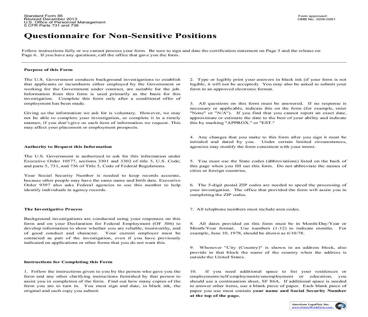 Questionnaire For Non-Sensitive Positions {SF 85} | Pdf Fpdf Doc Docx | Official Federal Forms