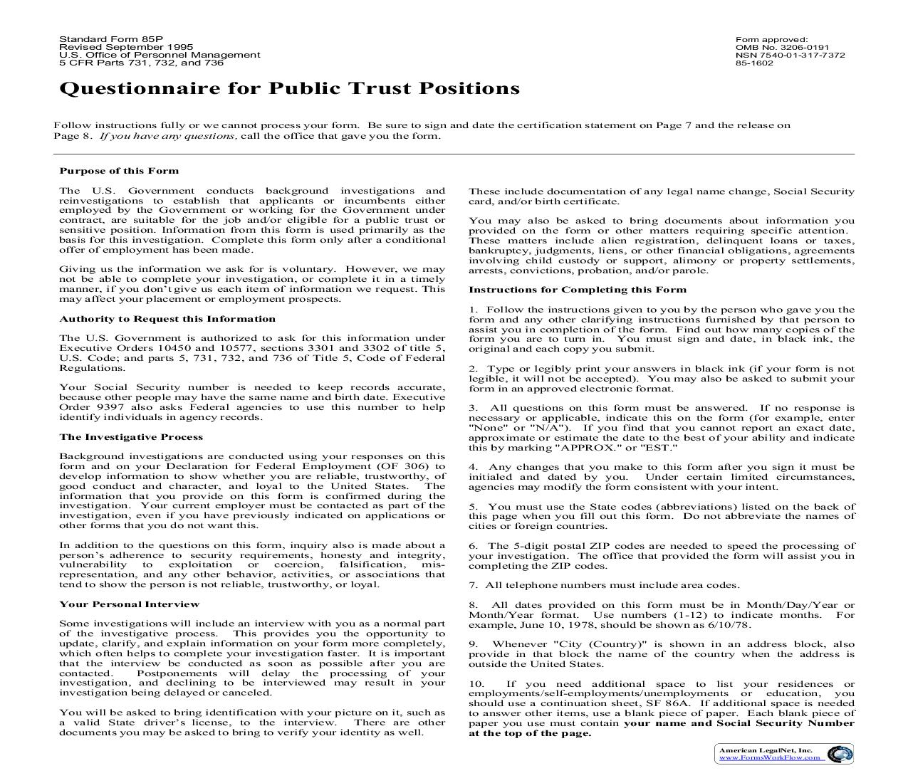 Questionnaire For Public Trust Positions {SF 85P} | Pdf Fpdf Doc Docx | Official Federal Forms