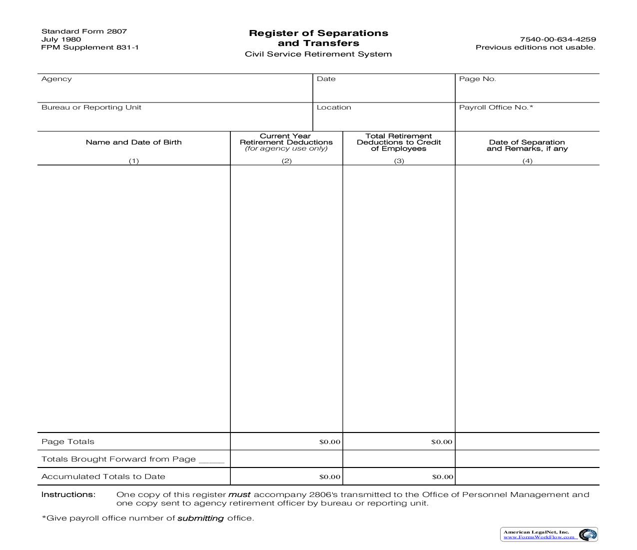 Register Of Separations And Transfers (CSRS) {SF 2807} | Pdf Fpdf Doc Docx | Official Federal Forms