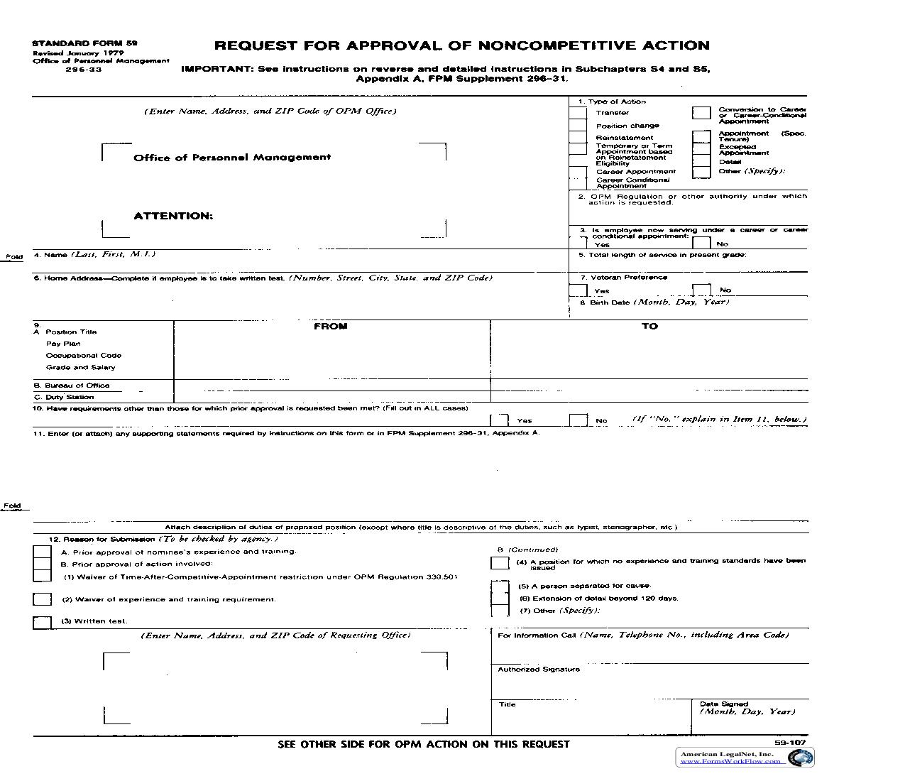 Request For Approval Of Non-Competitive Action {SF 59} | Pdf Fpdf Doc Docx | Official Federal Forms