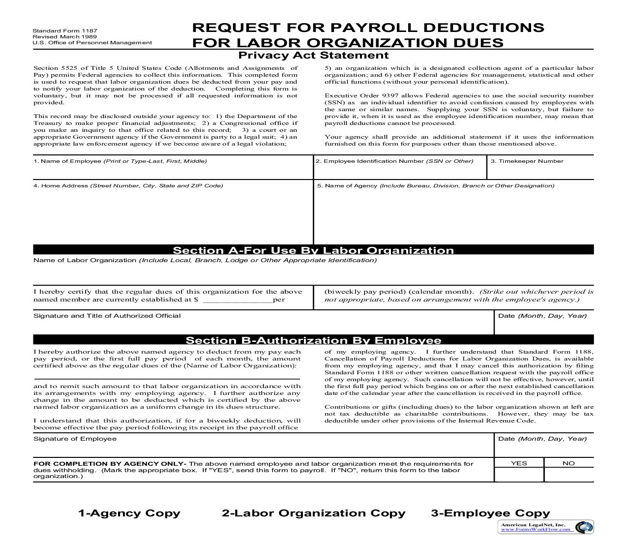 Request For Payroll Deductions For Labor Organization Dues {SF 1187} | Pdf Fpdf Doc Docx | Official Federal Forms