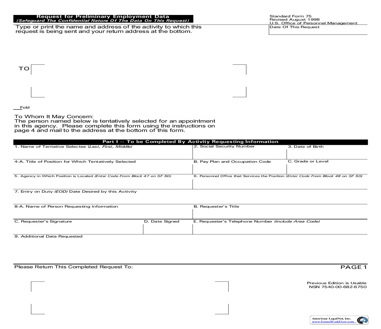 Request For Preliminary Employment Data {SF 75} | Pdf Fpdf Doc Docx | Official Federal Forms