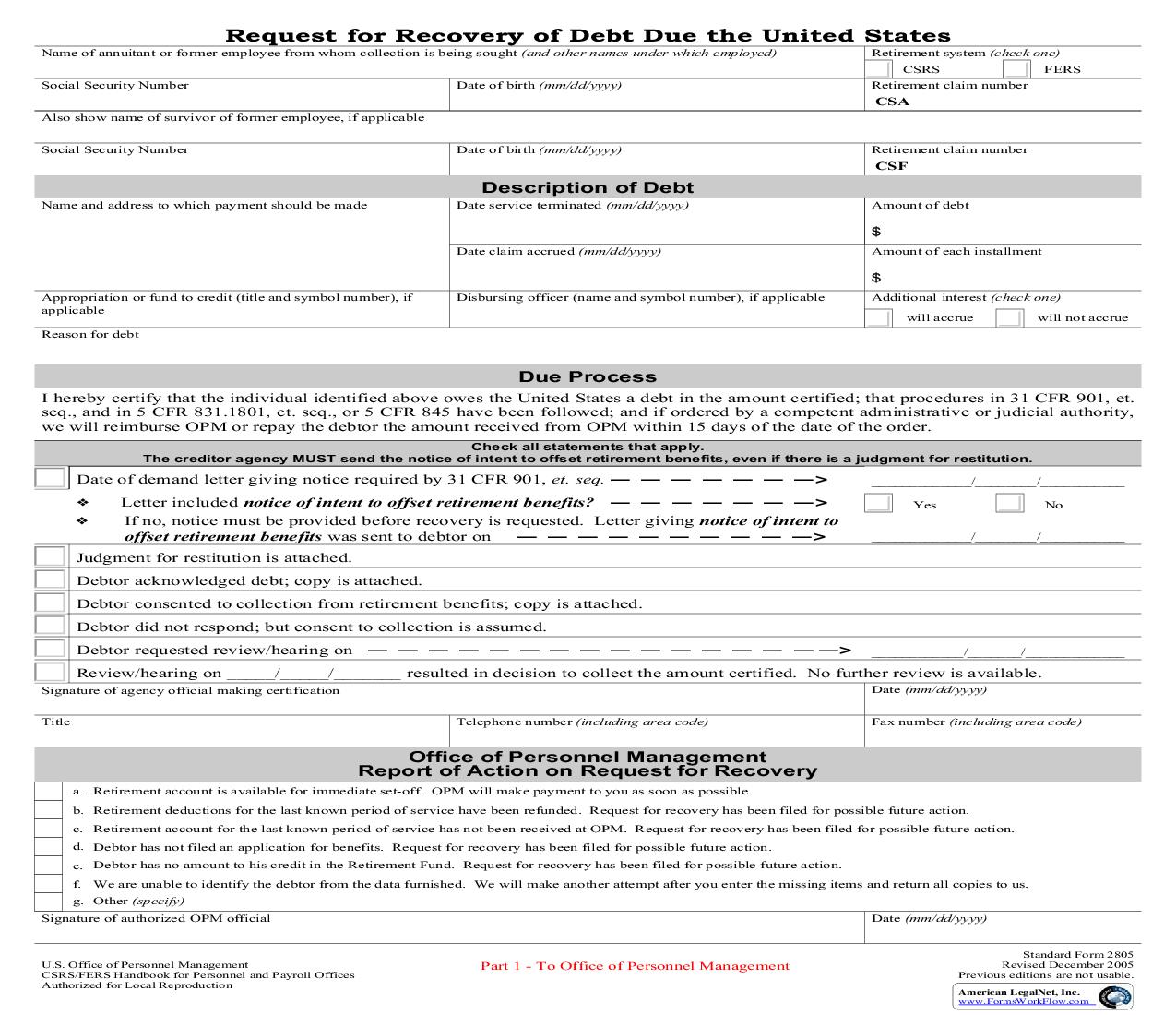 Request For Recovery Of Debt Due The United States {SF 2805} | Pdf Fpdf Doc Docx | Official Federal Forms