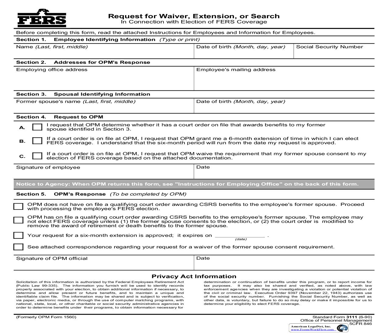 Request For Waiver Extension Or Search In Connection With Election {SF 3111} | Pdf Fpdf Doc Docx | Official Federal Forms