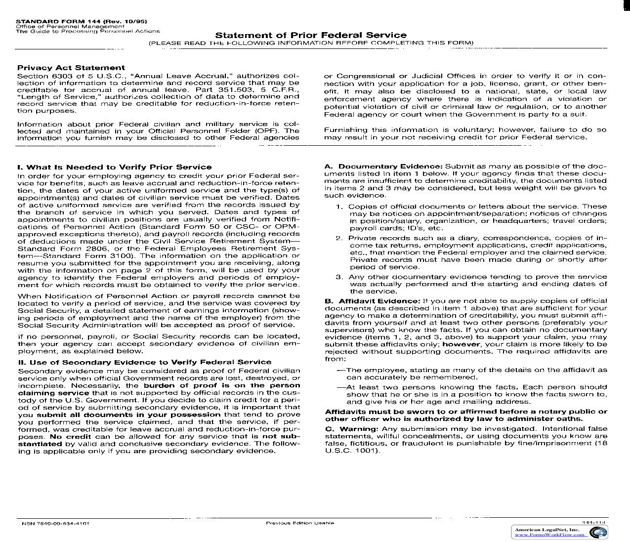 Statement Of Prior Federal Service {SF 144} | Pdf Fpdf Doc Docx | Official Federal Forms