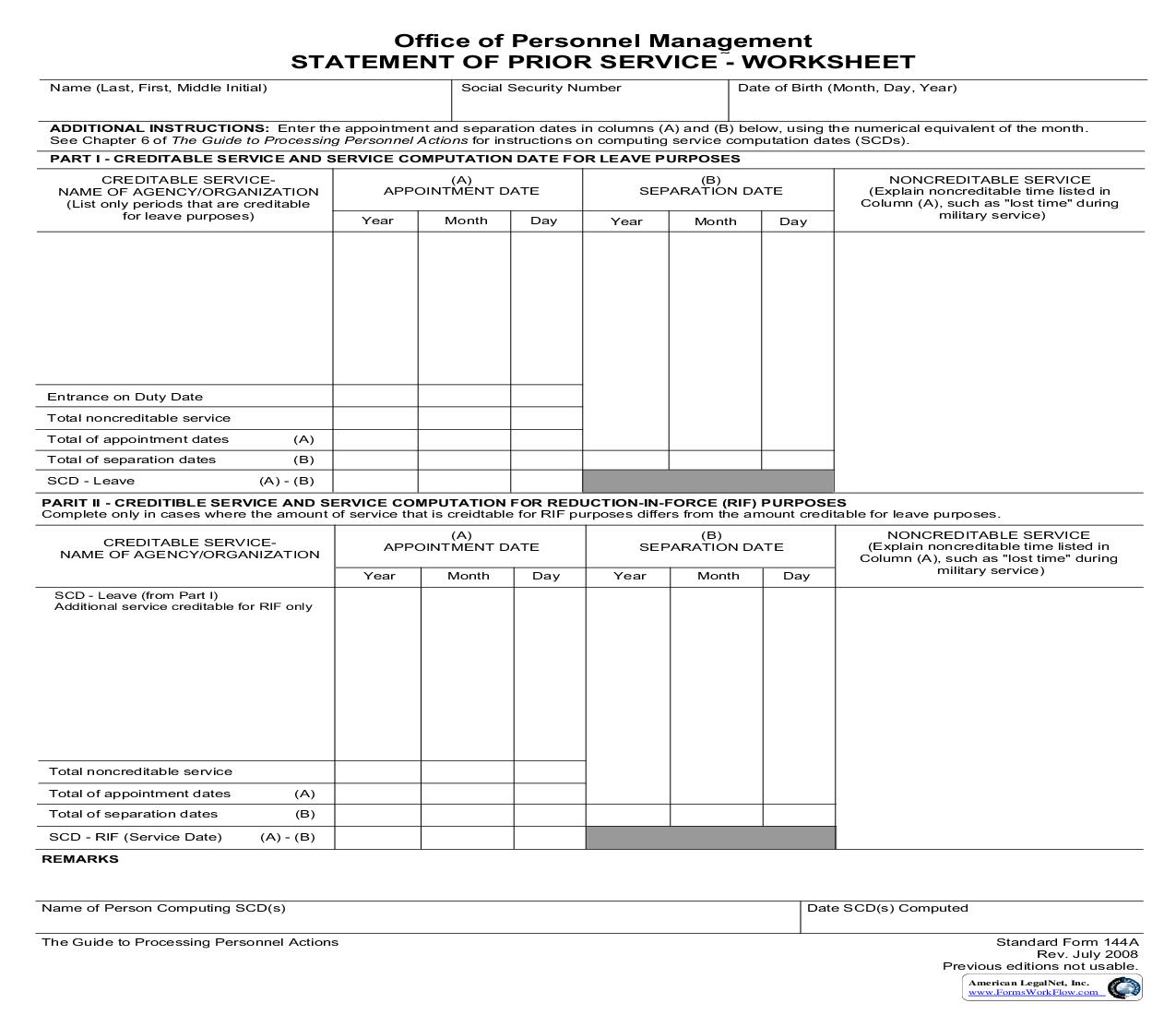 Statement Of Prior Federal Service-Worksheet {SF 144A} | Pdf Fpdf Doc Docx | Official Federal Forms