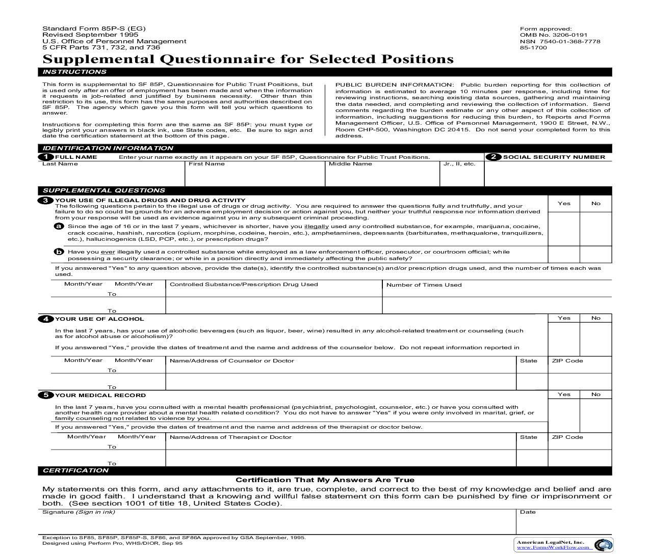 Supplemental Questionnaire For Selected Positions {SF 85P-S} | Pdf Fpdf Doc Docx | Official Federal Forms