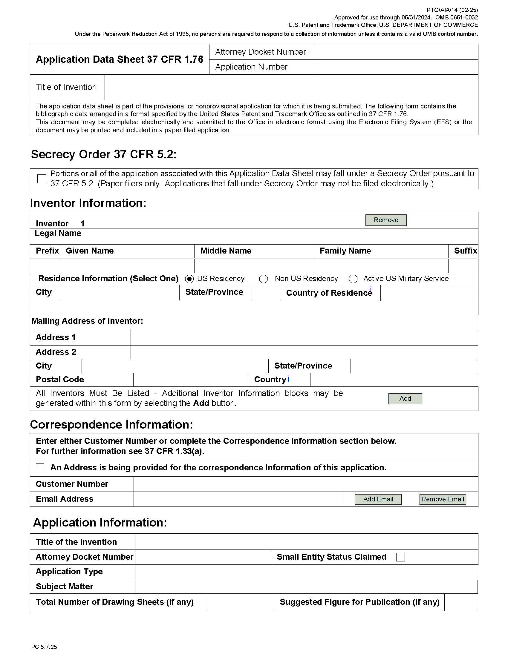 Application Data Sheet 37 CFR 1.76 (EFS-Web Submission) {PTO-AIA-14} | Pdf Fpdf Docx | Official Federal Forms