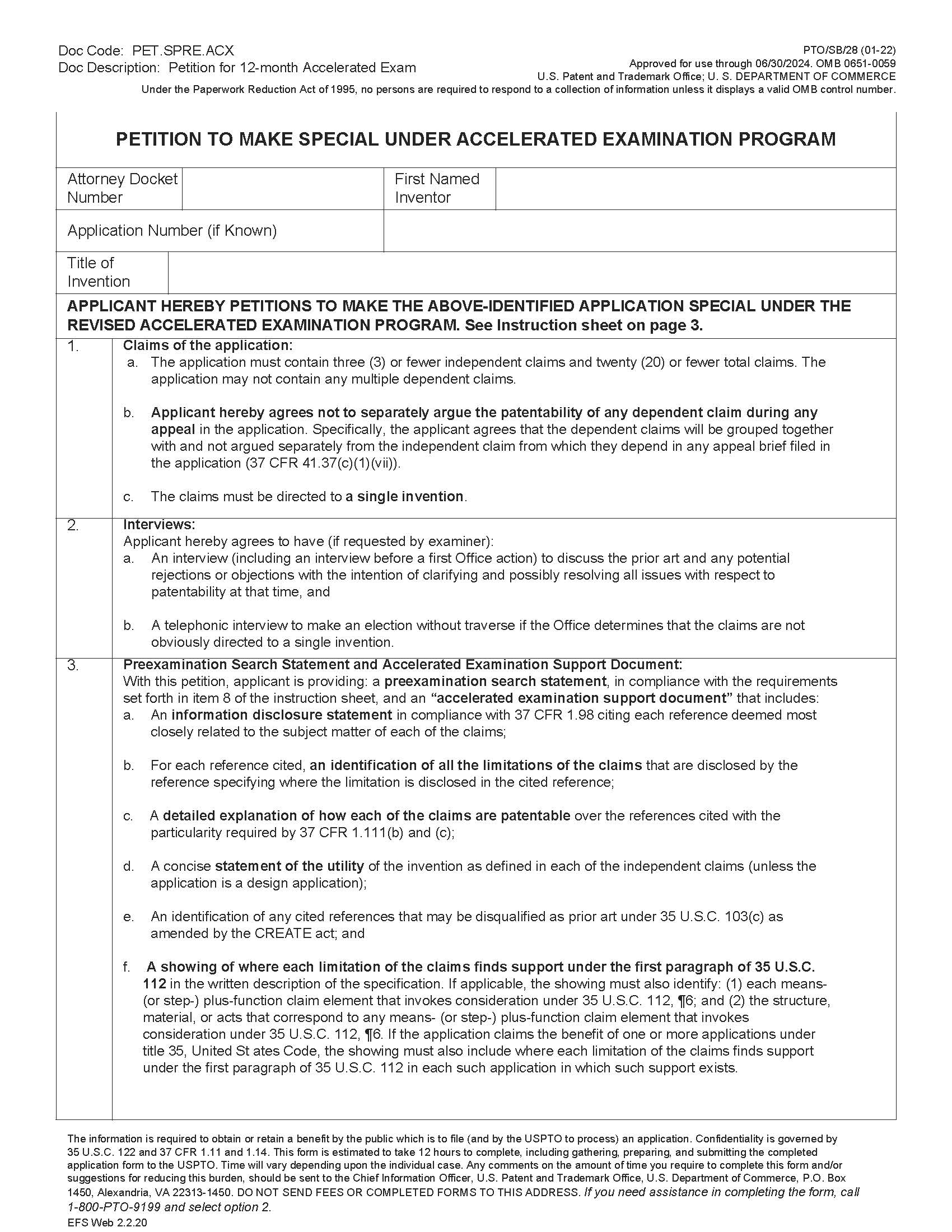 Petition To Make Special Accelerated Examination Program (Submitted Via EFS-Web Only) {PTO-SB-28} | Pdf Fpdf Docx | Official Federal Forms