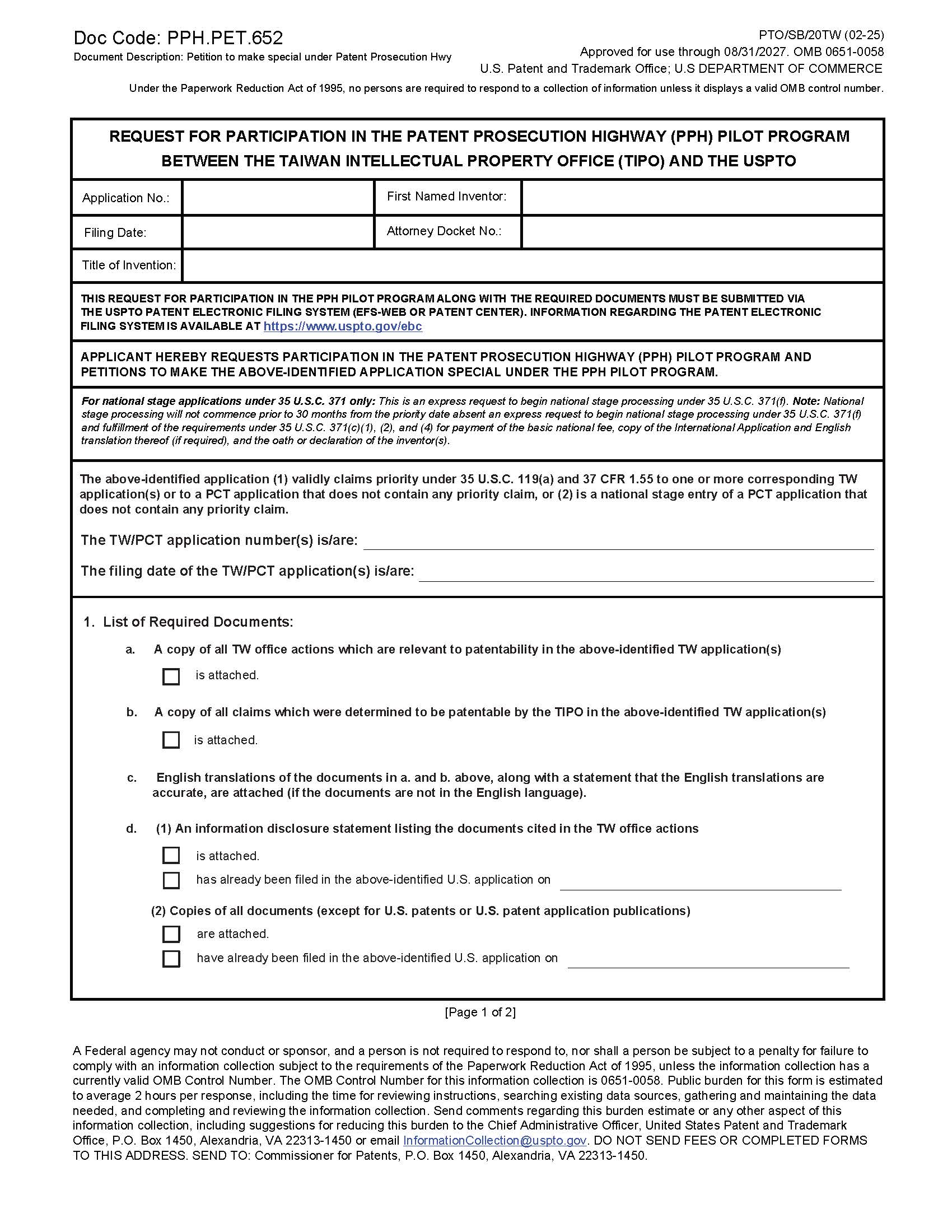 Request For Participation In (PPH) Pilot Program Between-(TIPO)-USPTO {PTO-SB-20TW} | Pdf Fpdf Docx | Official Federal Forms