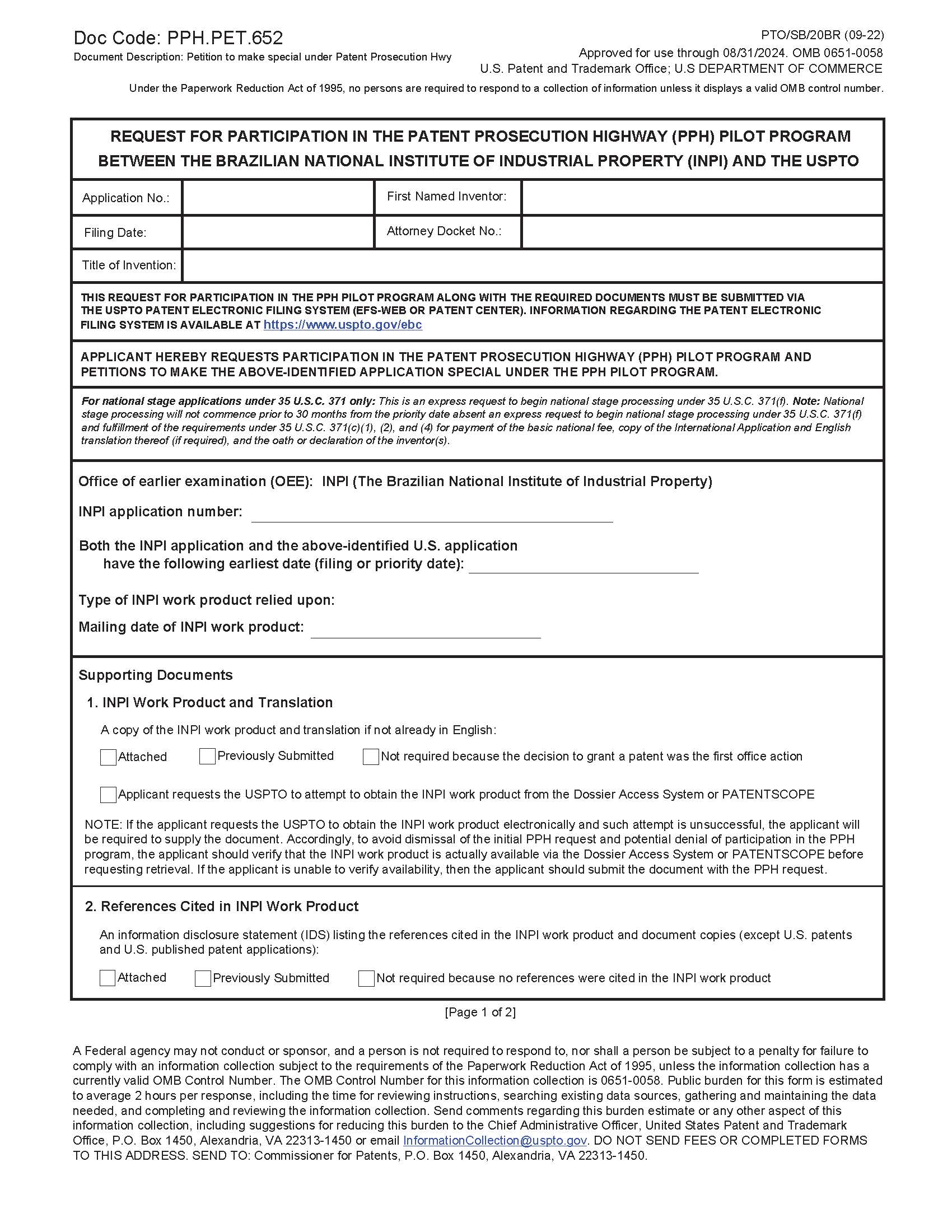 Request For Participation-(PPH) Pilot Program Between-(INPI-Brazil)-USPTO {PTO-SB-20BR} | Pdf Fpdf Docx | Official Federal Forms