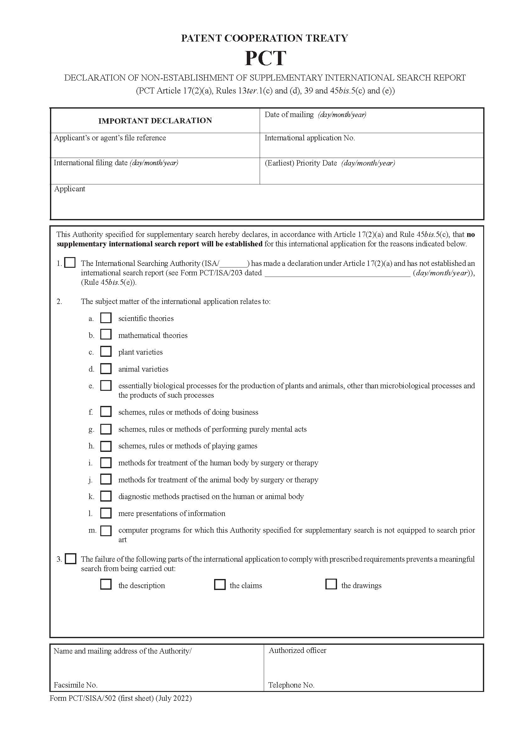 Declaration Of Non-Establishment Of Supplementary International Search Report {PCT-SISA-502} | Pdf Fpdf Docx | Official Federal Forms