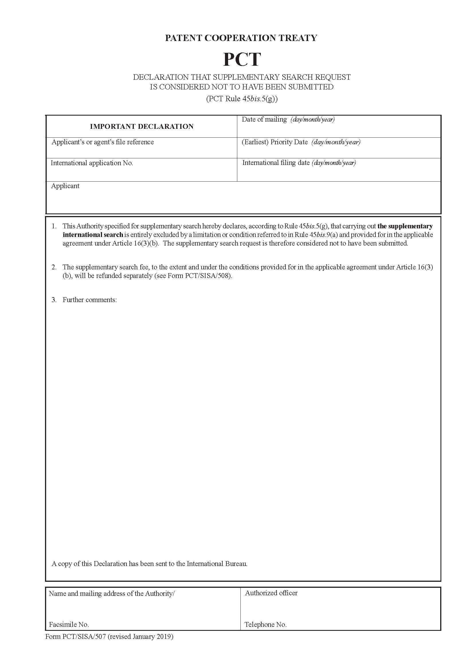 Declaration That Supplemental Search Request Is Considered Not To Have Been Submitted {PCT-SISA-507} | Pdf Fpdf Docx | Official Federal Forms