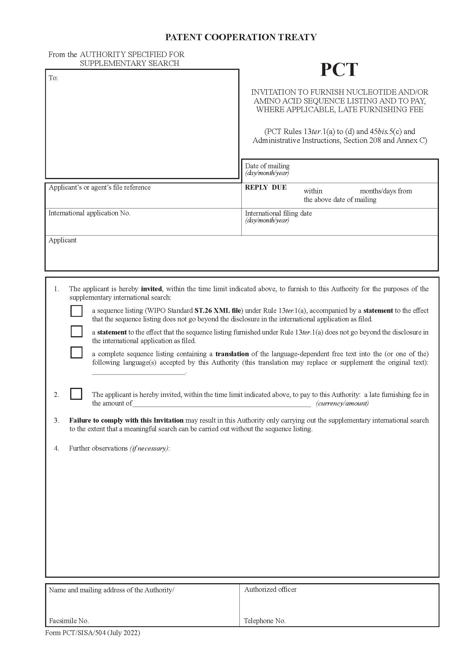 Invitation To Furnish Nucleotide And-Or Amino Acid Sequence Listing {PCT-SISA-504} | Pdf Fpdf Doc Docx | Official Federal Forms