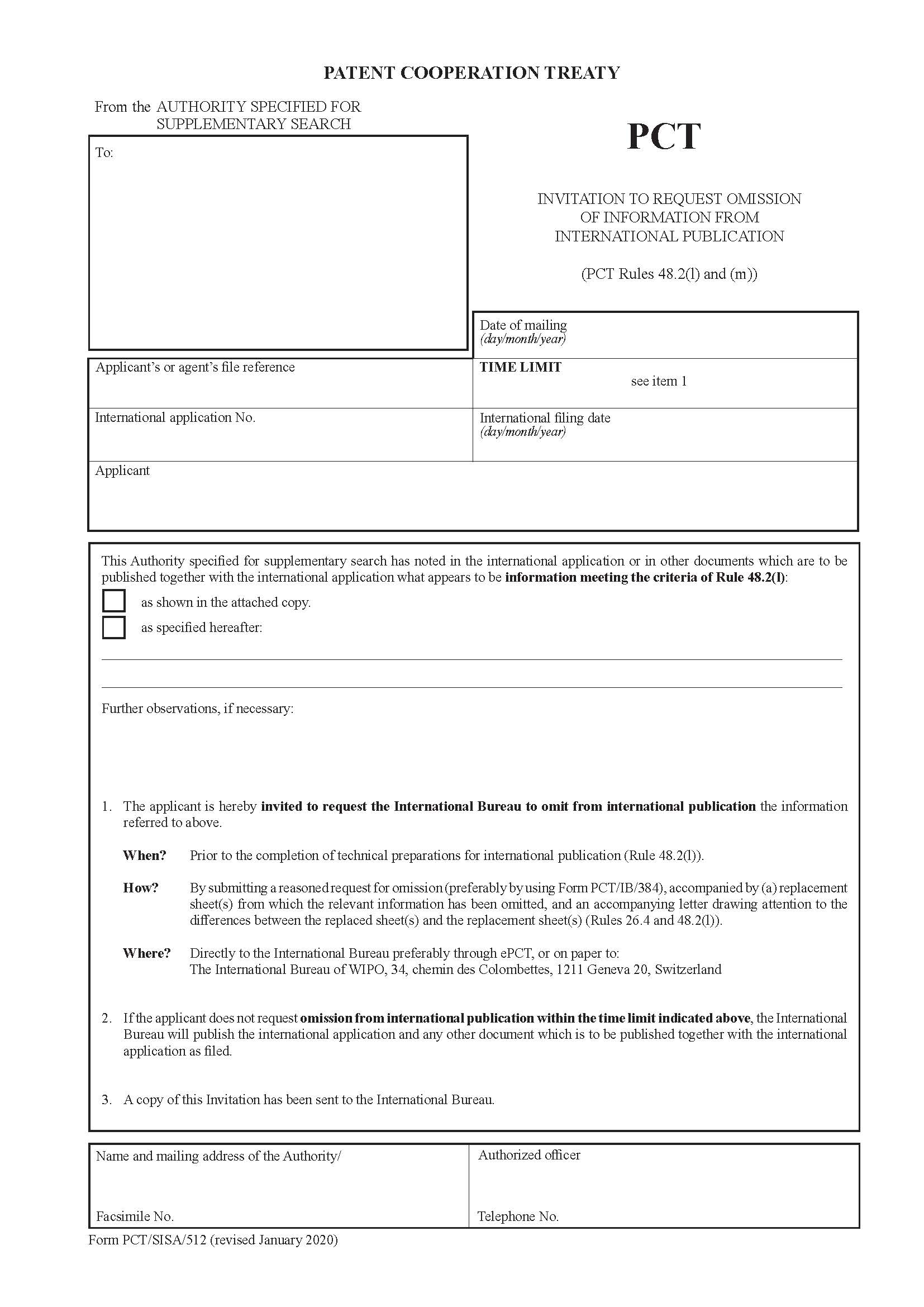 Invitation To Request Omission Of Information From International Publication {PCT-SISA-512} | Pdf Fpdf Docx | Official Federal Forms