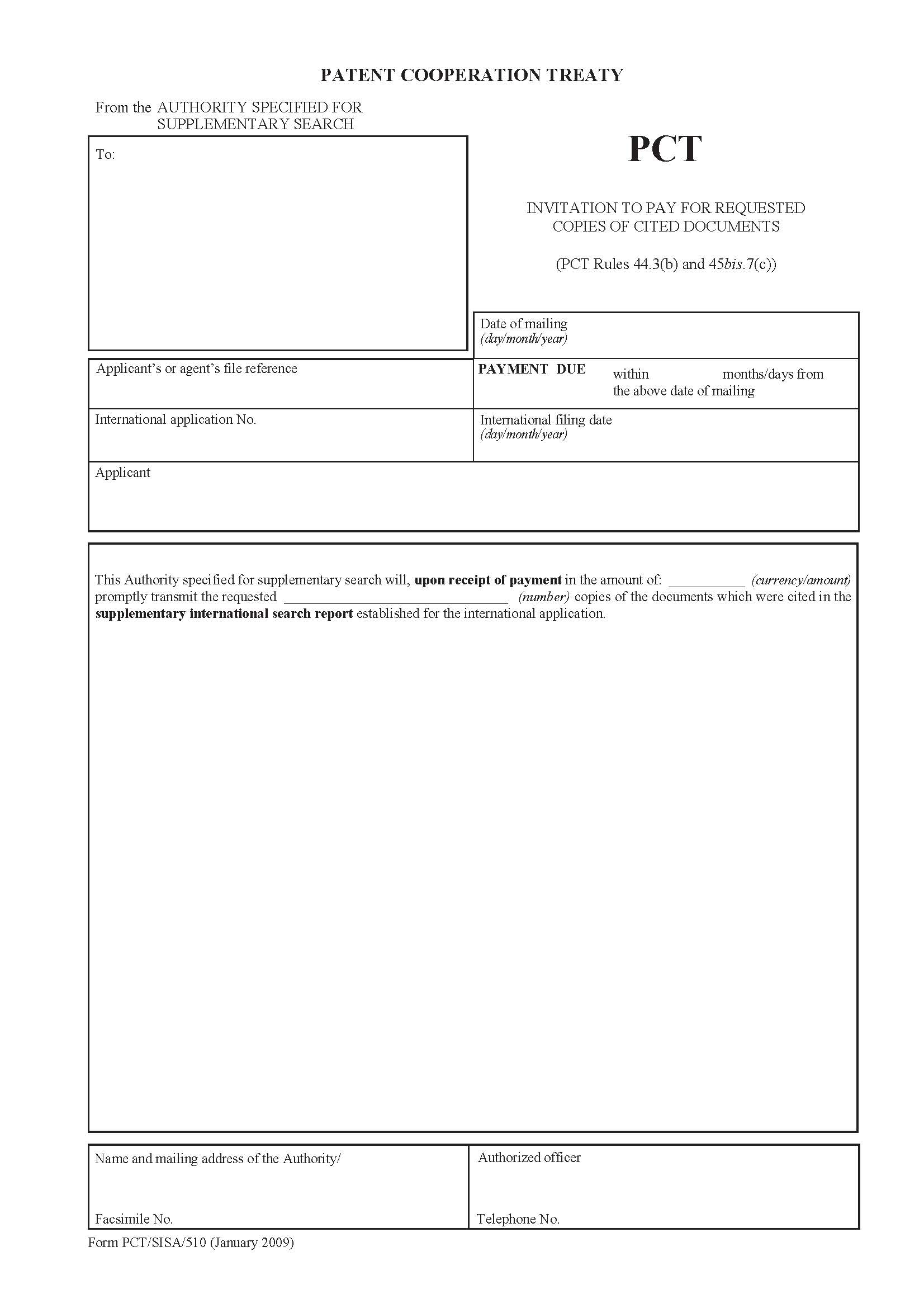 InvitationTo Pay For Requested Copies Of Cited Documents {PCT-SISA-510} | Pdf Fpdf Docx | Official Federal Forms