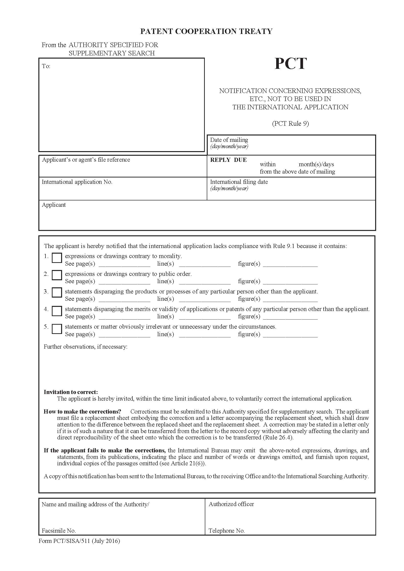 Notification Concerning Expressions Etc Not To Be Used In The International Application {PCT-SISA-511} | Pdf Fpdf Docx | Official Federal Forms