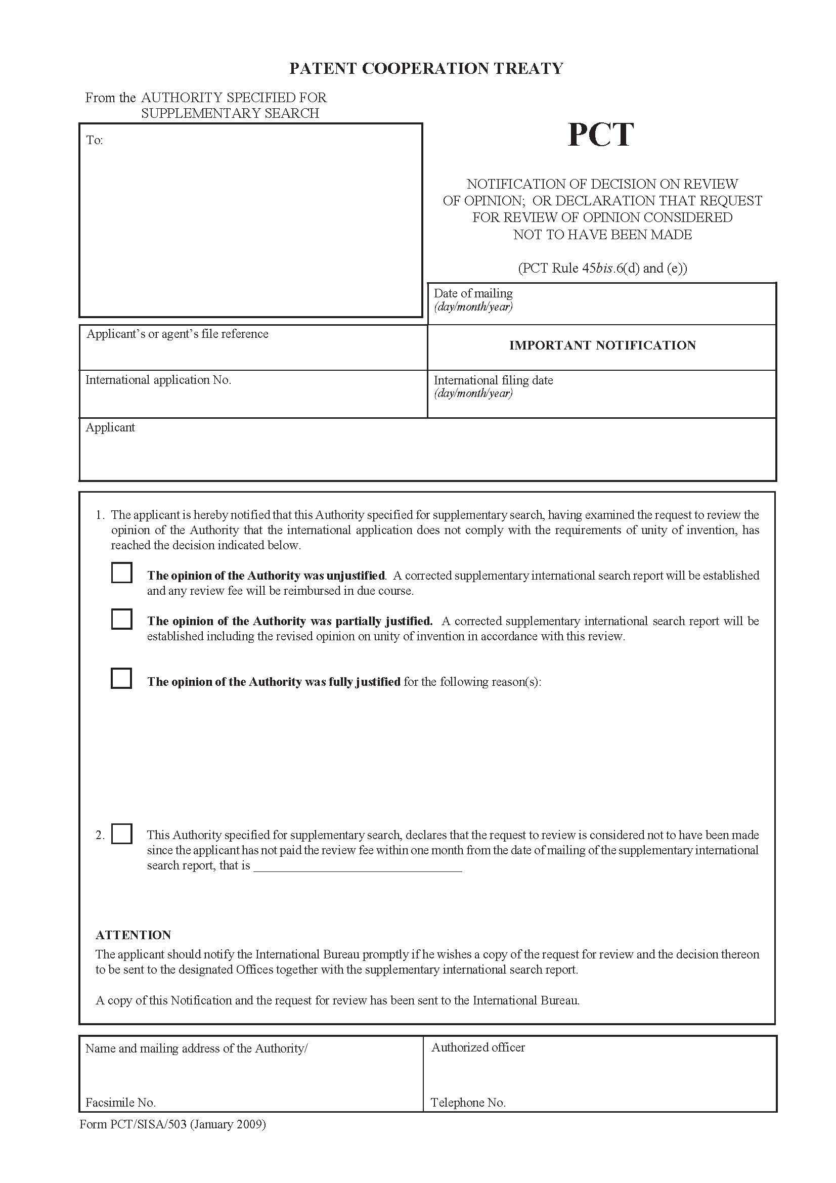 Notification Of Decision On Review Of Opinion Or Declaration {PCT-SISA-503} | Pdf Fpdf Docx | Official Federal Forms