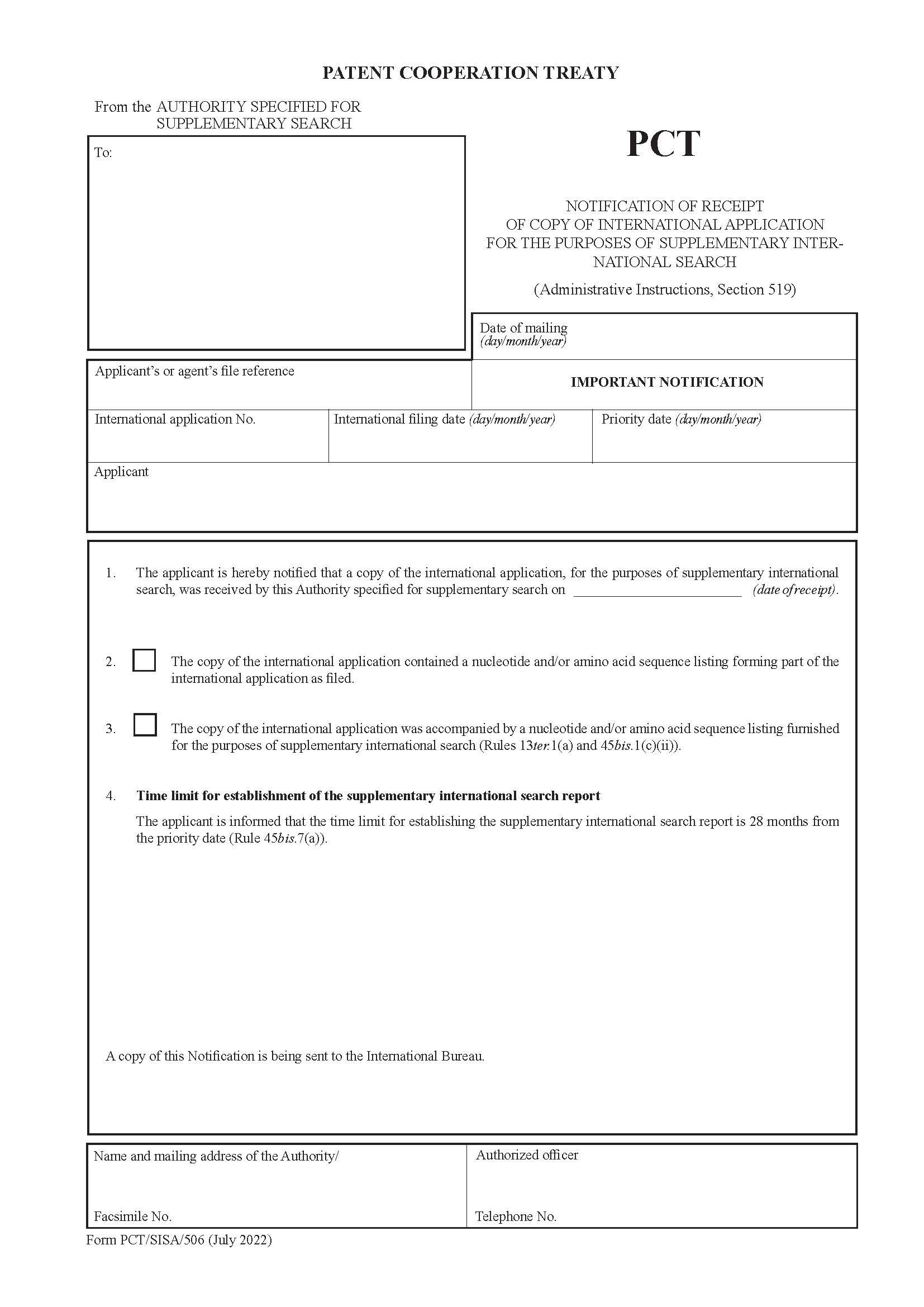 Notification Of Receipt Of Copy Of International Application {PCT-SISA-506} | Pdf Fpdf Docx | Official Federal Forms
