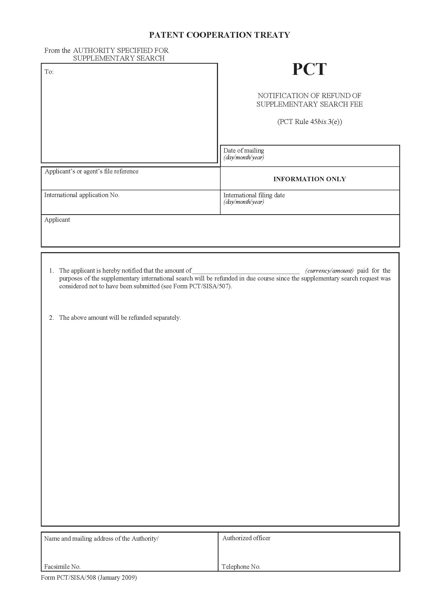 Notification Of Refund Of Supplementary Search Fee {PCT-SISA-508} | Pdf Fpdf Docx | Official Federal Forms