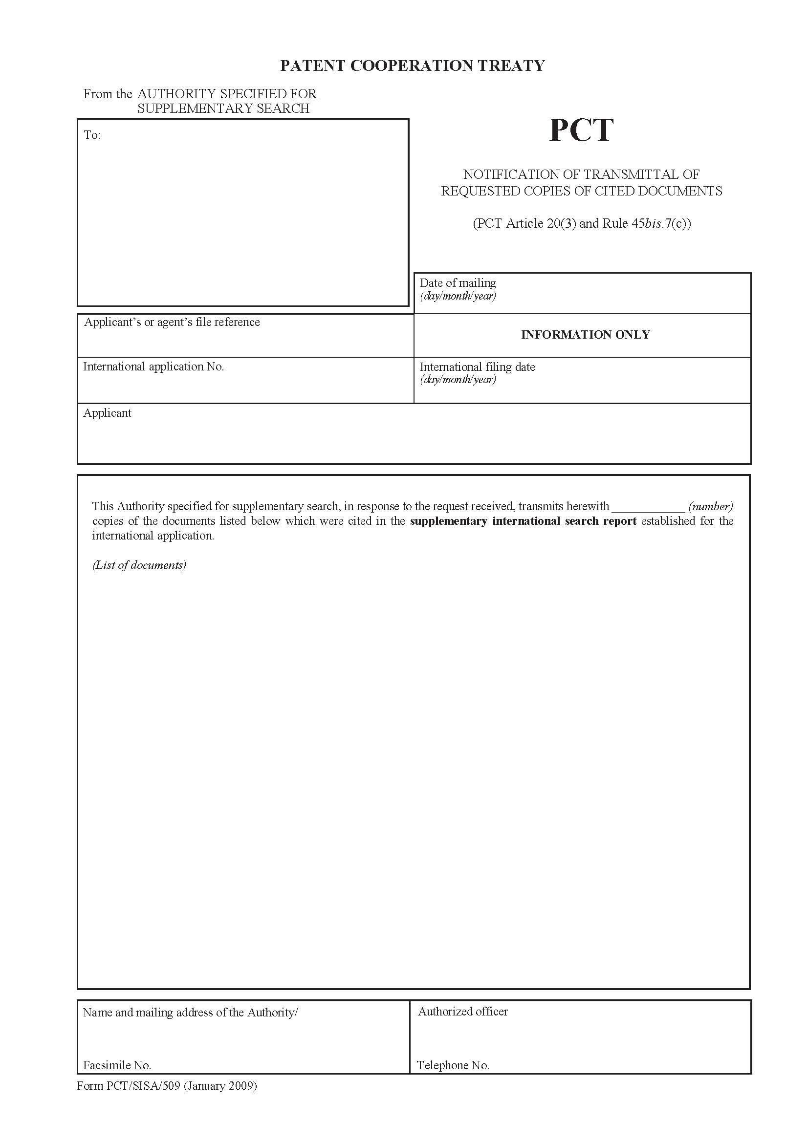 Notification Of Transmittal Of Requested Copies Of Cited Documents {PCT-SISA-509} | Pdf Fpdf Docx | Official Federal Forms