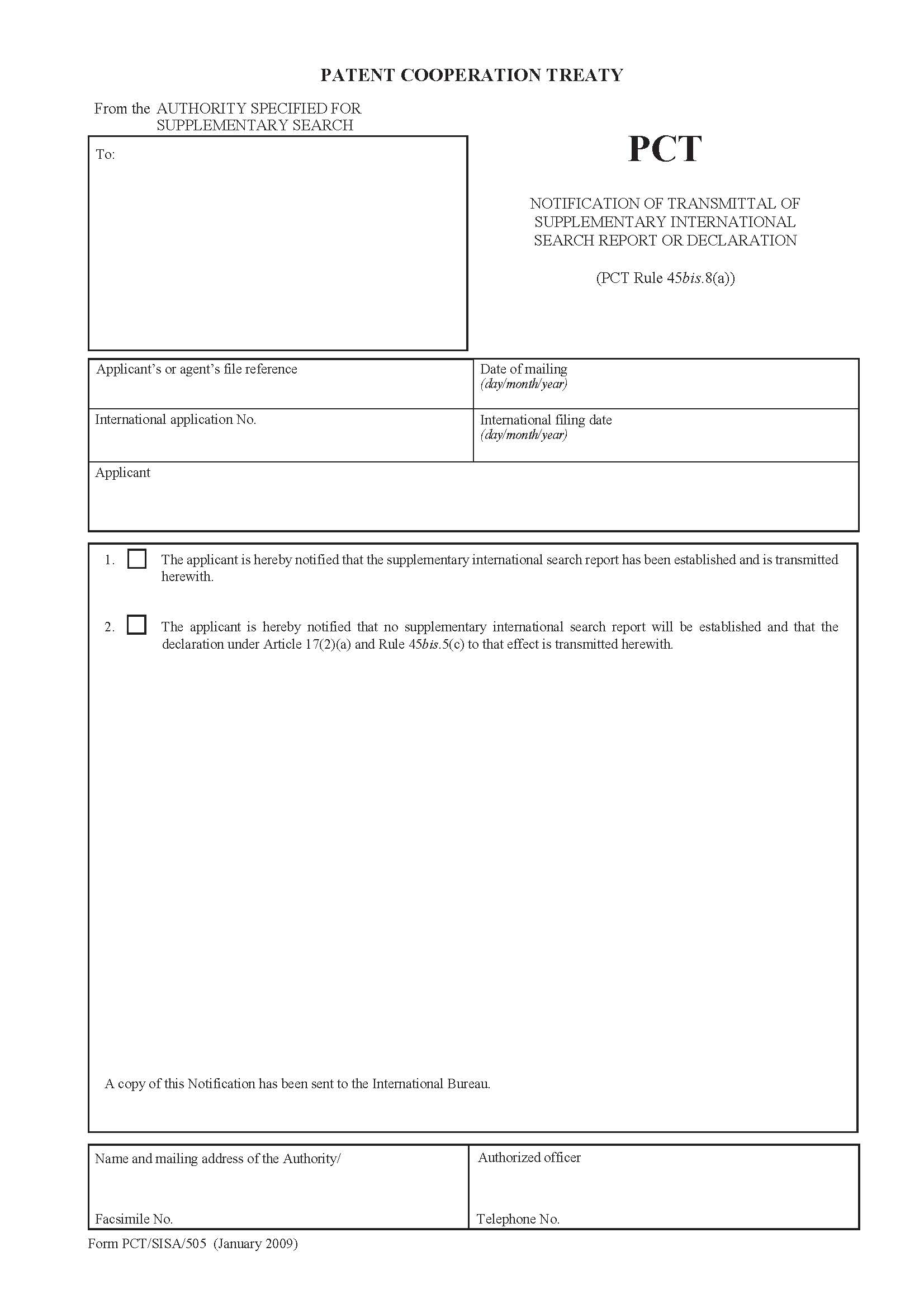 Notification Of Transmittal Of Supplementary International Search Report Or Declaration {PCT-SISA-505} | Pdf Fpdf Docx | Official Federal Forms