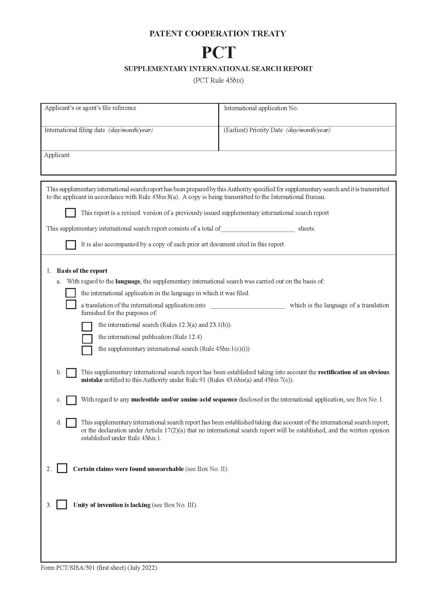 Supplementary International Search Report {PCT-SISA-501} | Pdf Fpdf Doc Docx | Official Federal Forms