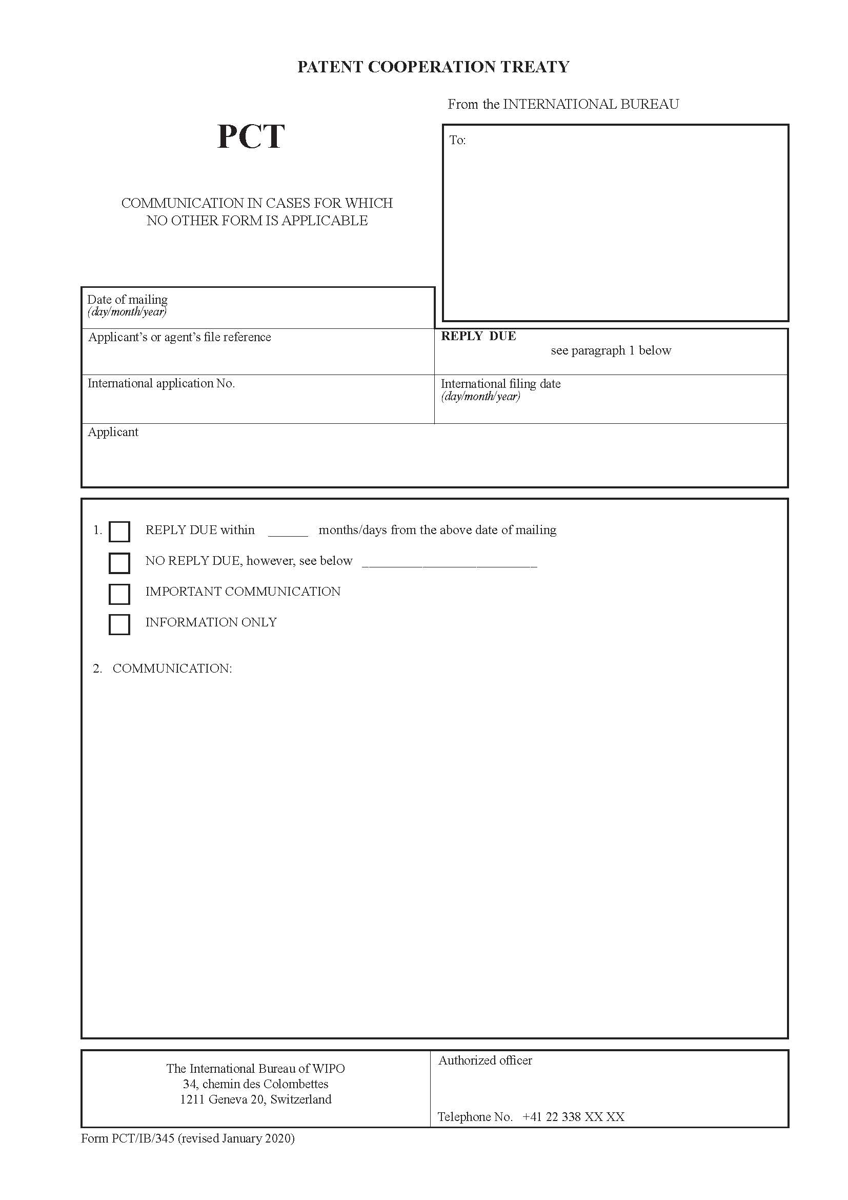 Communication In Cases For Which No Other Form Is Applicable {PCT-IB-345} | Pdf Fpdf Doc Docx | Official Federal Forms